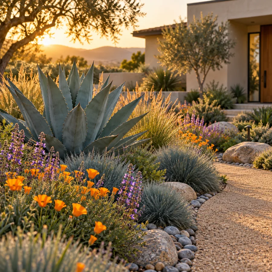 A designed low-water California front yard — silvery agave, blue fescue, and California poppies along a gravel path at golden hour.